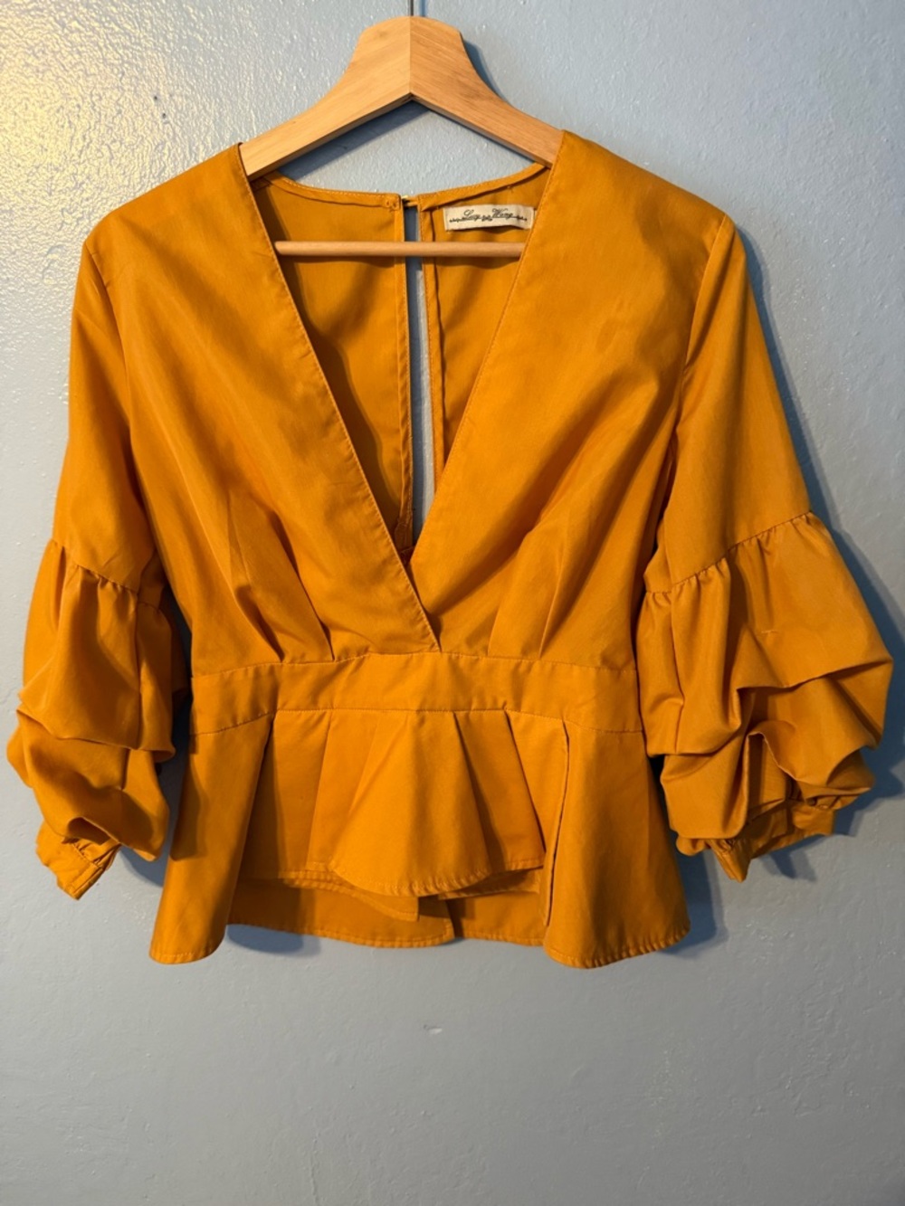 Lucy Wang Deep V-Neck Peplum Blouse with Layered Ruffle Sleeves - Mustard
